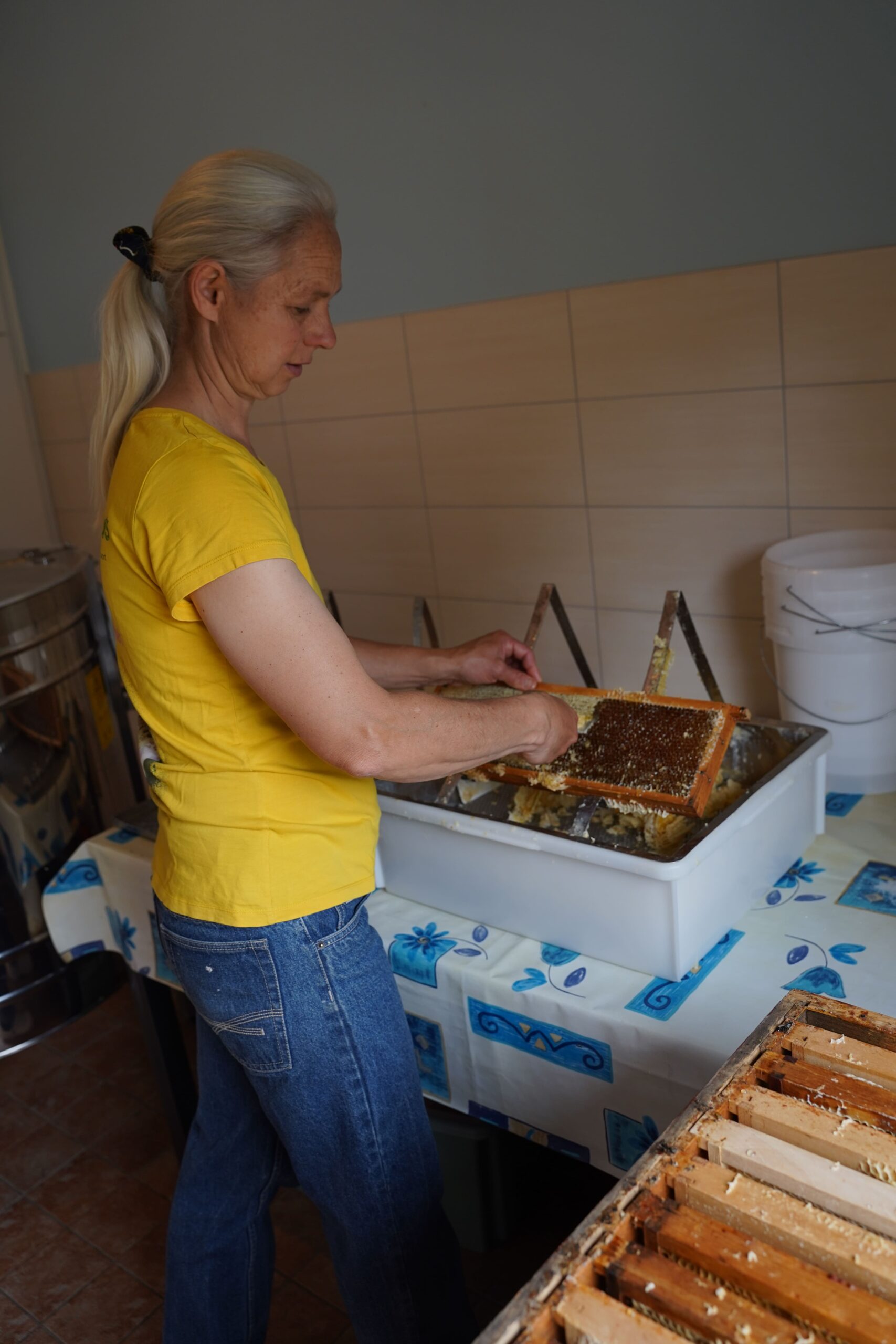 Honigwabenwachs in einem Abtropfsieb