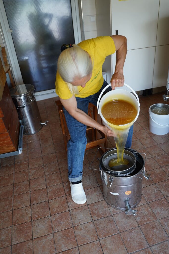 Eine Person gießt dickflüssigen Honig aus einem Eimer in einen Edelstahltopf auf einem Fliesenboden.